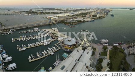 Miami marina bay with luxury sailboats. Expensive yachts and motorboats docked in Biscayne Bay harbor in Brickell downtown 123114060