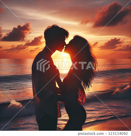 Kissing with the sunset and ocean in the background Kissing with the sunset and ocean in the background 123114092