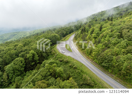 Landscape of beautiful nature. Blue Ridge Parkway road trip. Overlook parking place in Appalachian mountains landscape. Driving car exploration travel in summer forest in North Carolina Landscape of beautiful nature. Blue Ridge Parkway road trip. Overlook parking place in Appalachian mountains landscape. Driving car exploration travel in summer forest in North Carolina 123114094
