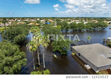 Hurricane Debby flooded street in Sarasota, Florida. Victims kayaking on rainfall flood waters between rural homes in residential area Hurricane Debby flooded street in Sarasota, Florida. Victims kayaking on rainfall flood waters between rural homes in residential area 123114117