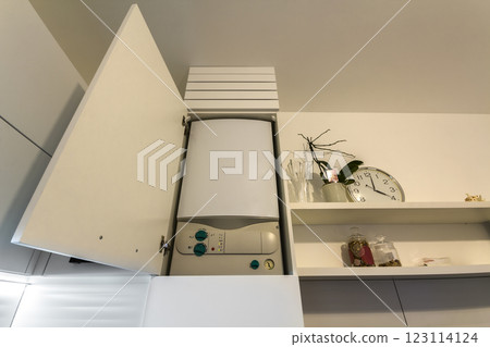 Home gas water heater boiler in kitchen furniture for apartment of home heating. Home gas water heater boiler in kitchen furniture for apartment of home heating. 123114124