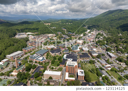 Historical American town Boone North Carolina Appalachian mountains. Old townscape architecture in Watauga County, USA. Streets and historic buildings from above 123114125