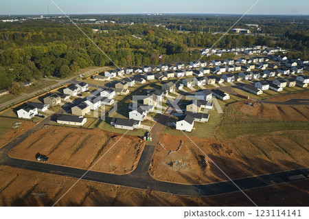 Ground prepared for building of new residential houses in South Carolina suburban development area. Concept of growing american suburbs Ground prepared for building of new residential houses in South Carolina suburban development area. Concept of growing american suburbs 123114141