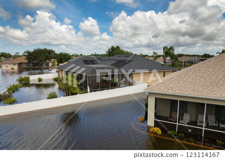 Flooded residential area with underwater houses from hurricane Debby rainfall water in Laurel Meadows community in Sarasota, Florida. Aftermath of natural disaster in southern USA Flooded residential area with underwater houses from hurricane Debby rainfall water in Laurel Meadows community in Sarasota, Florida. Aftermath of natural disaster in southern USA 123114167