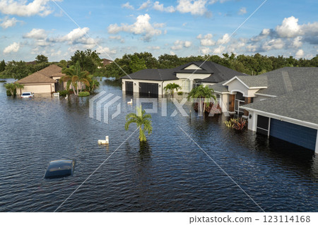 Flooded residential area with underwater cars and houses from hurricane Debby rainfall water in Laurel Meadows community in Sarasota, Florida. Aftermath of natural disaster in southern USA 123114168