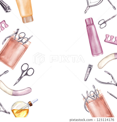 Watercolor manicure tools border isolated background. Hand cream, cosmetic oil, metallic cuticle trimmer, cuticle nipper, nail clippers and scissors frame with empty space for text. For beauty salon 123114176