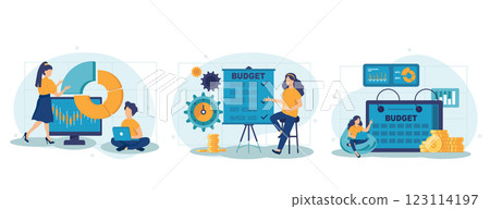 Analyzing budget concept isolated person situations. Collection of scenes with people do financial accounting, calculate statistics, earnings increase. Mega set. Vector illustration in flat design Analyzing budget concept isolated person situations. Collection of scenes with people do financial accounting, calculate statistics, earnings increase. Mega set. Vector illustration in flat design 123114197