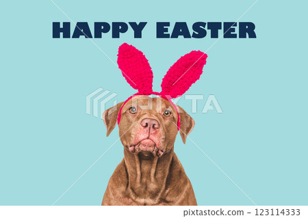 Happy Easter. Cute dog and congratulatory inscription 123114333