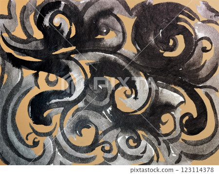 Ink arabesque pattern, ink wave pattern, brush-drawn abstract illustration, ink artistic background Ink arabesque pattern, ink wave pattern, brush-drawn abstract illustration, ink artistic background 123114378