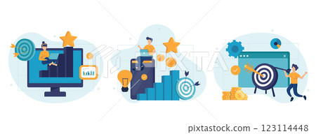 Business goals illustration set. Characters setting task, goal and target to achieve, planning action and way to success. Personal development and self motivation concept. Vector illustration. 123114448