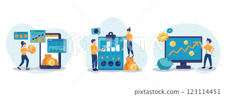 Business growth isolated set in flat design. People analyze data, success strategy, increase income collection of scenes. Vector illustration for blogging, website, mobile app, promotional materials. 123114451