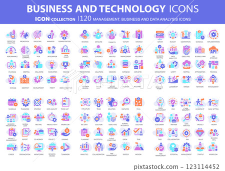Business, data analysis, organization management and technology icon set. Teamwork, strategy, planning, marketing, cloud technology, data analysis, employee icon set. Icons vector collection Business, data analysis, organization management and technology icon set. Teamwork, strategy, planning, marketing, cloud technology, data analysis, employee icon set. Icons vector collection 123114452