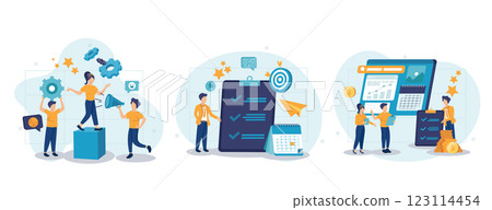 Business management abstract concept vector illustration set. Project management, workflow and leadership, waterfall and agile, development team, productivity software, coaching abstract metaphor Business management abstract concept vector illustration set. Project management, workflow and leadership, waterfall and agile, development team, productivity software, coaching abstract metaphor 123114454