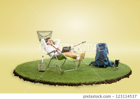Collage. Businessman reclining in chair with hands behind head, relaxed next to fishing rod, laptop, and camping gear against gradient background. 123114537