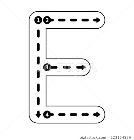 Tracing Alphabet letter E, Uppercase prewriting dotted line element for kindergarten, preschool kids worksheet for handwriting practice activity. 123114559