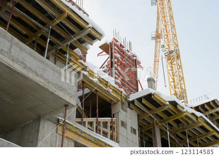 Winter Construction Site with Tower Crane and Structural Framework 123114585