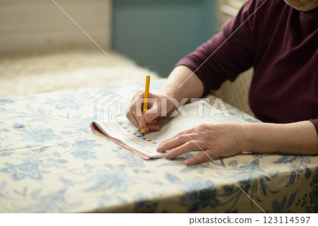 Elderly Woman Engaged in Mental Stimulation with Crossword Puzzle Elderly Woman Engaged in Mental Stimulation with Crossword Puzzle 123114597