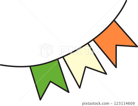 St. Patrick's Day, garland of paper flags in the colors of the flag of Ireland, green, white, orange, retro vintage style, vector flat icon isolated on a white transparent background St. Patrick's Day, garland of paper flags in the colors of the flag of Ireland, green, white, orange, retro vintage style, vector flat icon isolated on a white transparent background 123114609