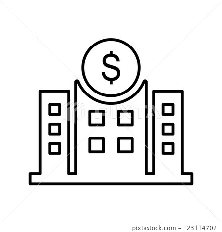 Office building outline white flat icon white background. Company icon. Building icon with dollar coin on top Office building outline white flat icon white background. Company icon. Building icon with dollar coin on top 123114702