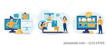 Video business conference vector set in flat design. People discuss tasks with colleagues online, collection of scenes. Illustration for blogging, website, mobile app, promotional materials 123114704