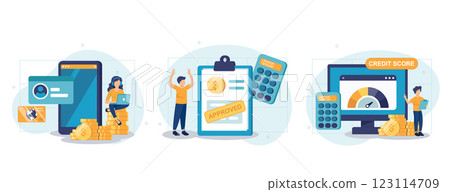 Credit approval illustration set. Characters with good credit score receiving loan approval from bank. Personal finance concept. Vector illustration. 123114709