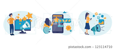 Customer behavior analysis abstract concept vector illustration set. Data driven marketing, user feedback and website rating, online survey, user data, marketing research tool abstract metaphor. 123114710