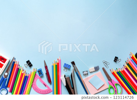 Stationery set on a blue background. Back-to-School Concept, A Place for Text 123114726