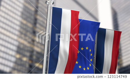 Close-up of France and European Union vertical flags waving 123114749