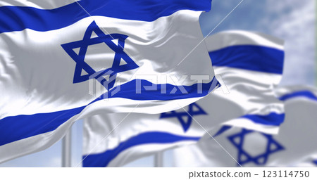 State of Israel national flags waving in the wind on a clear day 123114750