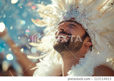 Smiling Man Wearing Colorful Feathered Headdress at Carnival 123114813