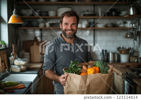 Smiling Man Holding Paper Bag with Fresh Vegetables Smiling Man Holding Paper Bag with Fresh Vegetables 123114814