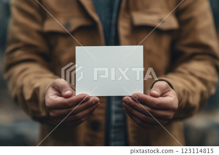 Man Holding Blank White Card in Hands 123114815