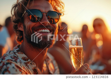 Smiling Man Holding Glass of Champagne at Sunset Party 123114816