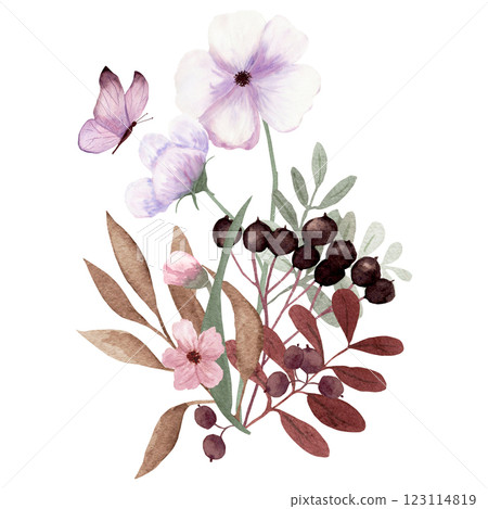 Watercolor flower arrangement with branches, flowers, berries and butterfly on white background 123114819