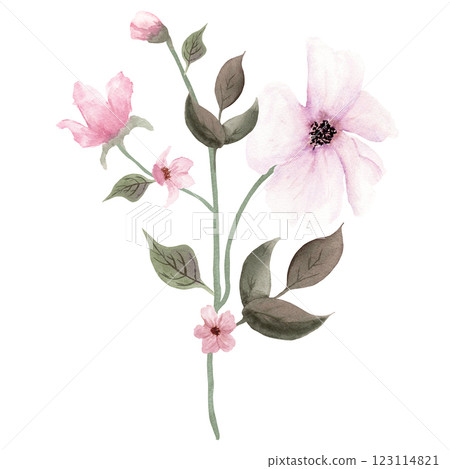 Watercolor composition of pink fantasy flowers with buds with green leaves on white background Watercolor composition of pink fantasy flowers with buds with green leaves on white background 123114821