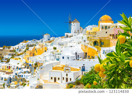 View of Oia the most beautiful village of Santorini island in Greece. View of Oia the most beautiful village of Santorini island in Greece. 123114830