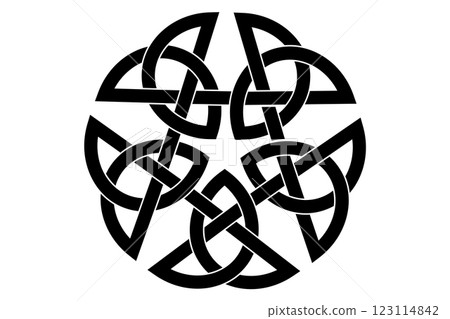 Celtic Pentacle tattoo, mystical knot in the shape of a five-pointed star. Magic pagan pentagram for alchemy wiccan ritual, witchcraft emblem, vector esoteric symbol isolated on white background 123114842