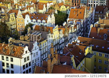 Aerial panoramic view of the Historical Old City of Gdansk. Red rooftops and colorful house 123114878