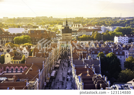 Aerial view of Gdansk at sunset, showcasing the downtown area and St. Mary's Basilica. The historical old city of Gdansk Poland. 123114880