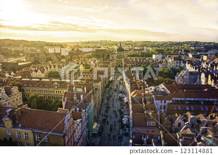 Aerial view of Gdansk at sunset, showcasing the downtown area and St. Mary's Basilica. The historical old city of Gdansk Poland. 123114881