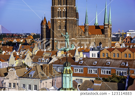Cityscape aerial view on the old town with saint Marys church on the sunset in Gdansk, Poland 123114883