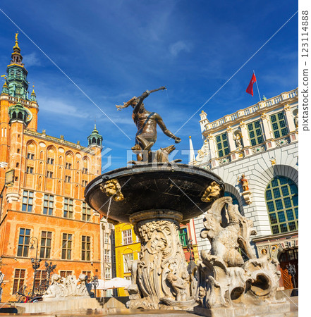 Poland, Gdansk, Famous Neptune fountain and historic street. Famous travel destination. 123114888