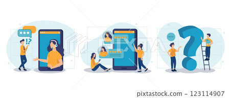 Customer support illustration set. Characters asking a questions, receiving answers from helpdesk operator, sharing user experience and giving customer feedback. Vector illustration. 123114907