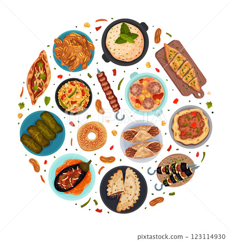 Turkish Food and Dish Round Composition Design Vector Template 123114930