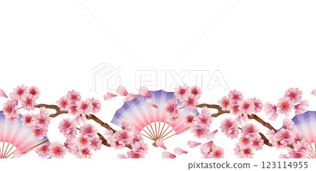 Horizontal frame of folding fan, branches with sakura flowers isolated on white background. Seamless border. Spring blooming cherry blossom flowers for Hanami. Watercolor template for textile, banner. 123114955