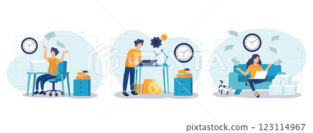 Deadline scenes bundle with people characters. Tired employees hurrying up on deadline at workplace, stressful situation and overtime work. Time management and effectivity flat vector illustration. Deadline scenes bundle with people characters. Tired employees hurrying up on deadline at workplace, stressful situation and overtime work. Time management and effectivity flat vector illustration. 123114967