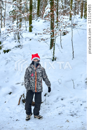 Child in Snowy Forest Wearing Black and White Camouflage Jacket, Red Santa Hat, and Black Scarf, Standing on Snow-Covered Path, Serene Winter Scene with Leafless Trees, Perfect for Holiday and Nature Child in Snowy Forest Wearing Black and White Camouflage Jacket, Red Santa Hat, and Black Scarf, Standing on Snow-Covered Path, Serene Winter Scene with Leafless Trees, Perfect for Holiday and Nature 123114985