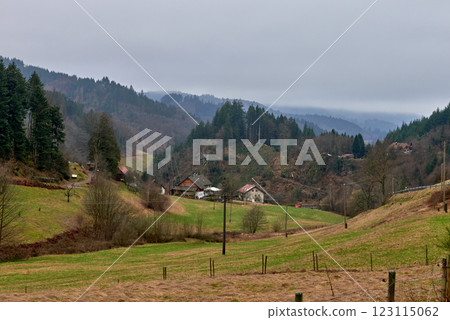 Picturesque Black Forest Winter Landscape with Traditional German Farmhouse and Meandering Stream in Snow Covered Valley. Idyllic Rural Scene Showcases Iconic Alpine Architecture Amidst Evergreen Pine 123115062