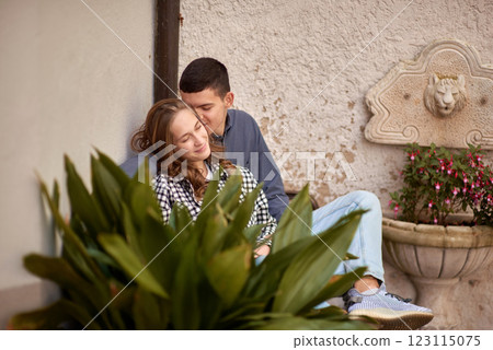 Young Cute Female Hugs Boyfriend. In Autumn Outdoor. Lovers Walking in Park. Attractive Funny Couple. Lovestory in Forest. Man and Woman. Cute Lovers in the Park. Family Concept. Happy Couple. 123115075