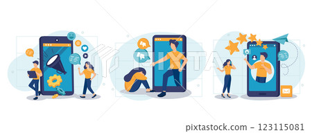 Digital content abstract concept vector illustration set. Social media news and tips, internet criticism, influencer, personal blog, hate speech, comments and share, fake profile abstract metaphor. 123115081